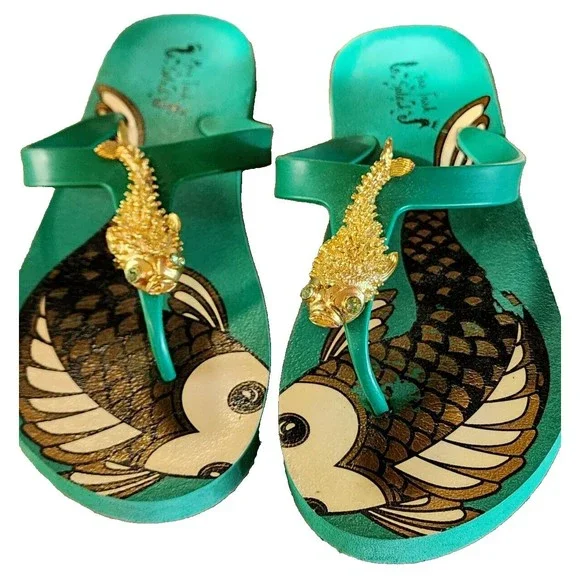 Miss Trish Splash Fish Flip Flops US Size 7 Embellished Green - Picture 2 of 7